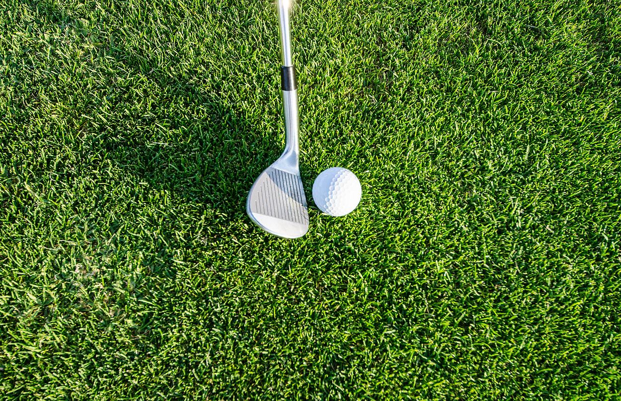 Golf ball and club in a golf field.