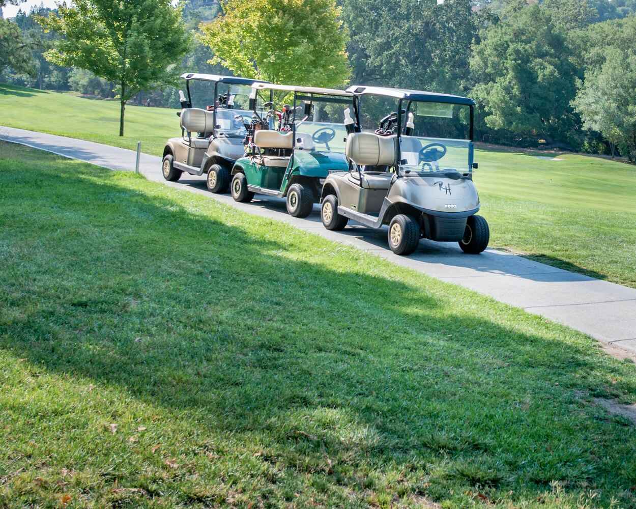 Three golf cart in a row.